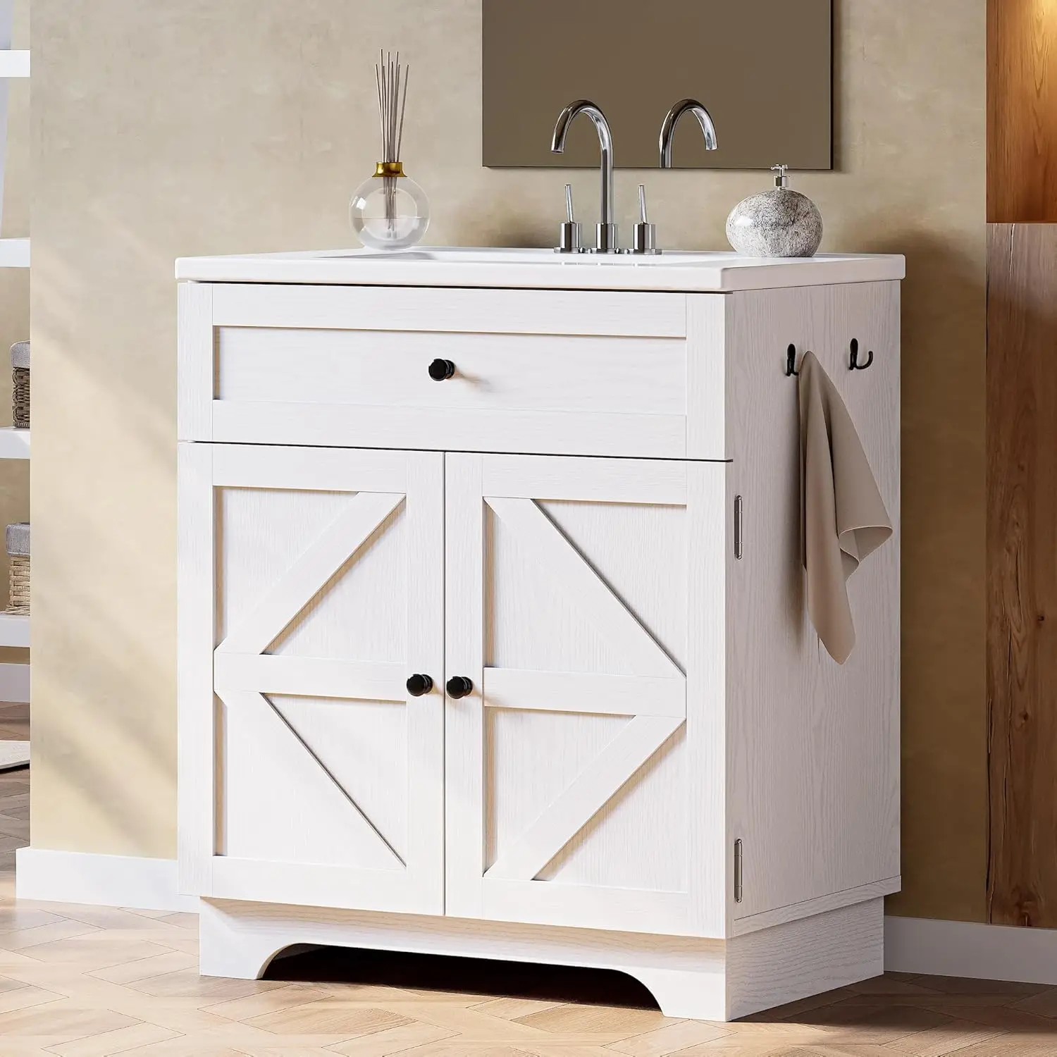 30in Farmhouse Bathroom Vanity Cabinet with Ceramic Sink Tip-Out Drawer Adjustable Shelf White, Customized
30in Farmhouse Bathroom Vanity Cabinet with Ceramic Sink Tip-Out Drawer Adjustable Shelf White, Customized