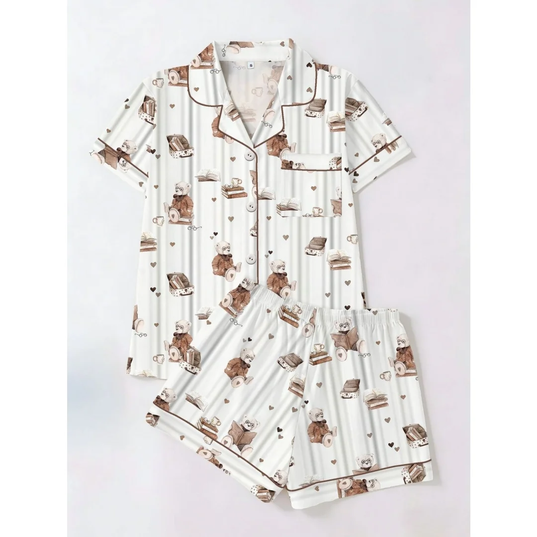 Cute Women's Pajamas Set Bear Printed Loungewear Home Wear 2pcs a Set with Lapels Short Sleeves and Shorts Pants Summer Gifts
Cute Women's Pajamas Set Bear Printed Loungewear Home Wear 2pcs a Set with Lapels Short Sleeves and Shorts Pants Summer Gifts