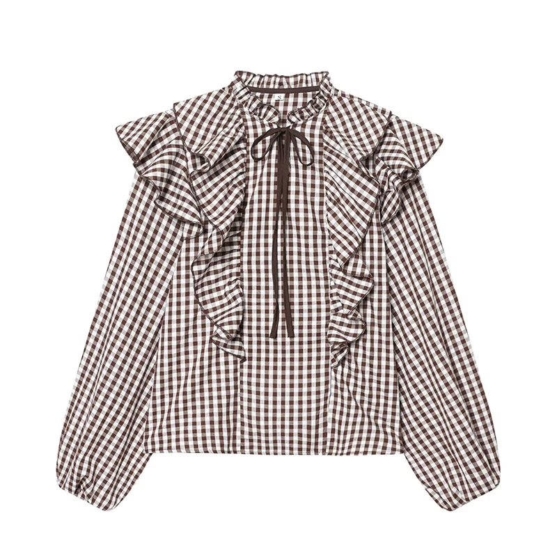 Vintage Plaid Ruffle Blouse Women Round Neck With Drawstring Long Sleeve Casual Spring 2026 Tops
Vintage Plaid Ruffle Blouse Women Round Neck With Drawstring Long Sleeve Casual Spring 2026 Tops