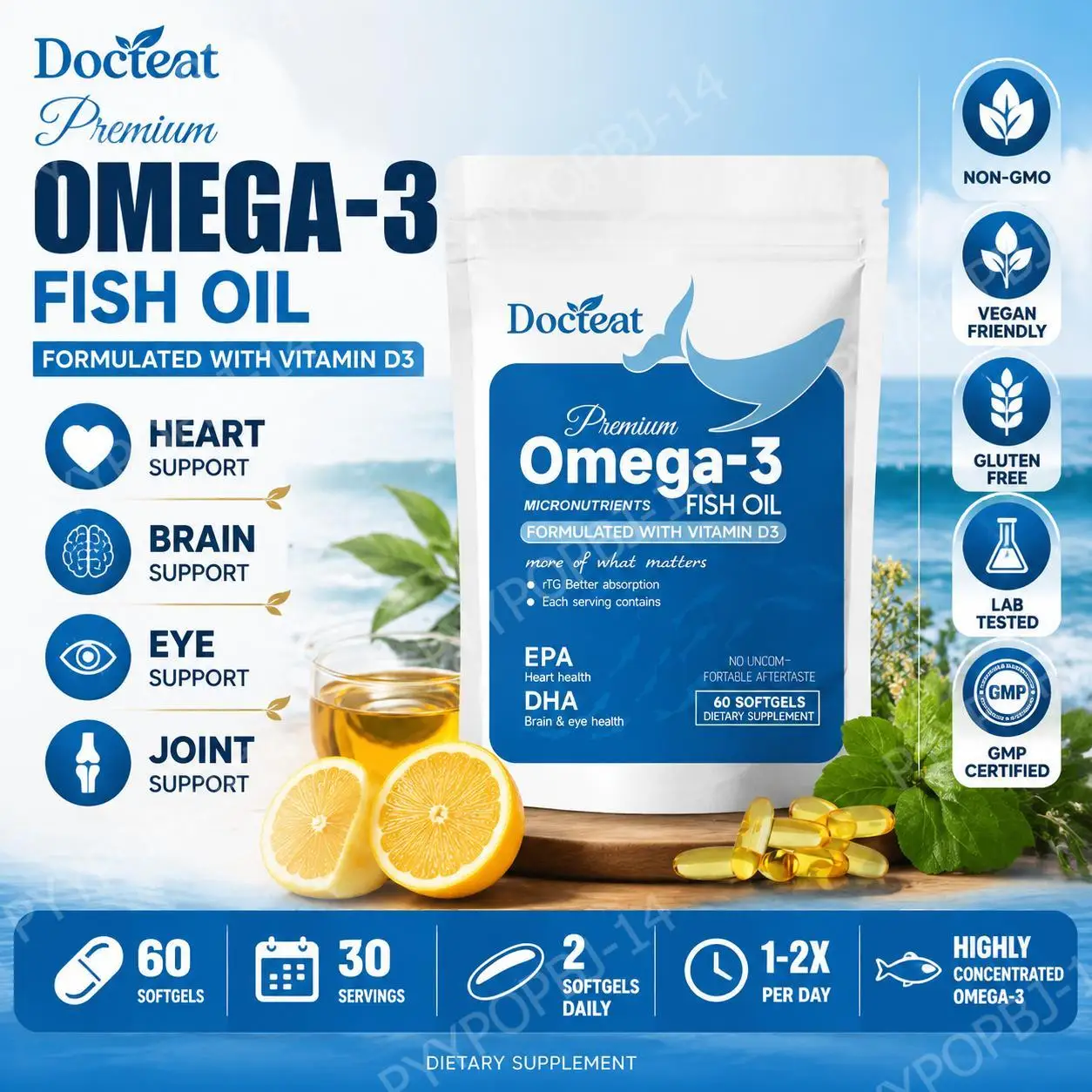 Docteat Omega-3 Fish Oil Softgels with Vitamin D3, RTG EPA DHA for Heart Support, Brain & Eye Support, Comfortable, 60 Softgels
Docteat Omega-3 Fish Oil Softgels with Vitamin D3, RTG EPA DHA for Heart Support, Brain & Eye Support, Comfortable, 60 Softgels