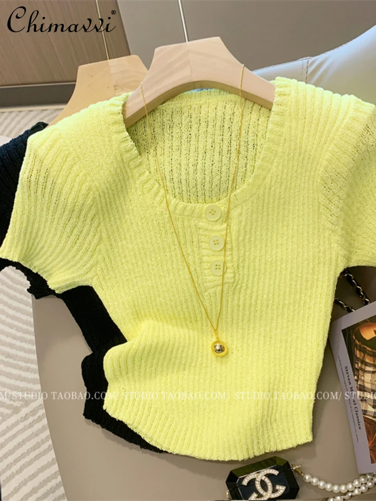 Summer 2024 French Retro Sexy Hot Girl Round Neck Short Sleeve Solid Color Slim Fit Bottoming Knitted Tees Women T-shirt Tops
Summer 2024 French Retro Sexy Hot Girl Round Neck Short Sleeve Solid Color Slim Fit Bottoming Knitted Tees Women T-shirt Tops