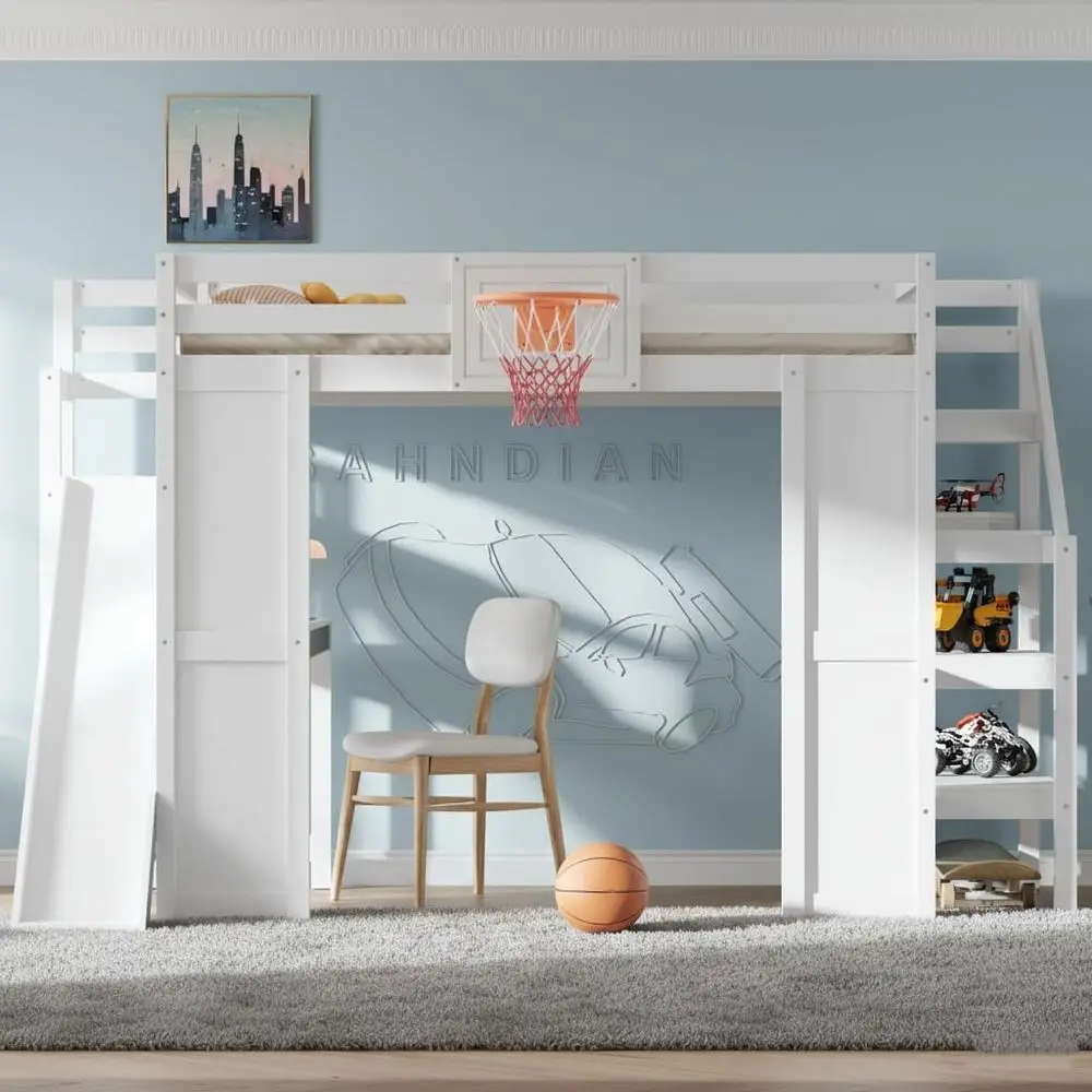 Full-Size Wooden Loft Bed with Slide and Stairs, Desk, Basketball Hoop for Kids and Teens, White
Full-Size Wooden Loft Bed with Slide and Stairs, Desk, Basketball Hoop for Kids and Teens, White