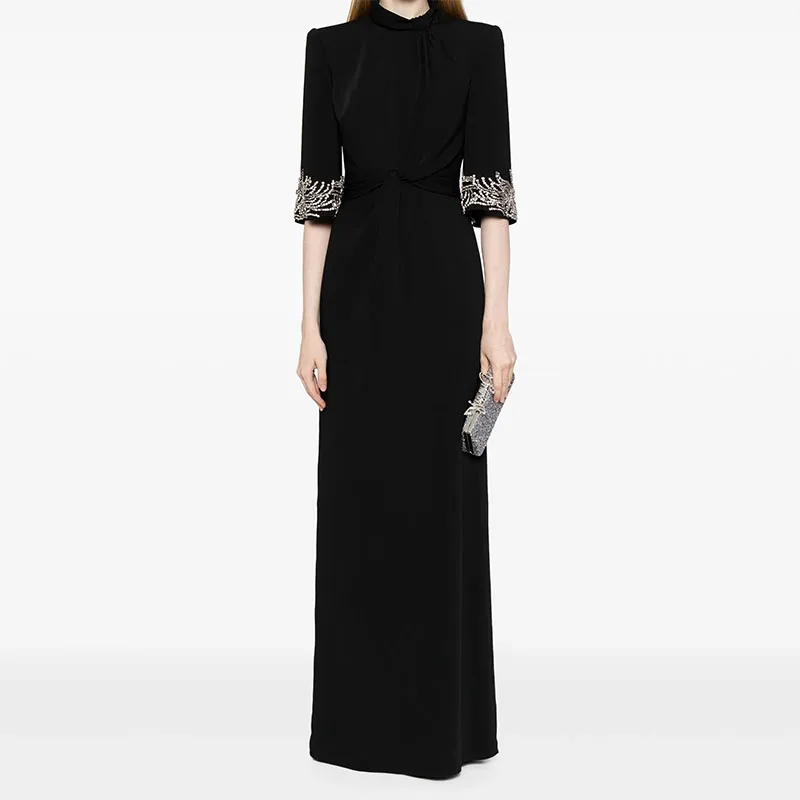 Customized Elegant Black High-Neck Evening Dress Half Sleeves Floor-Length Wedding Party Bridal Wedding Party Prom Gowns 2025
Customized Elegant Black High-Neck Evening Dress Half Sleeves Floor-Length Wedding Party Bridal Wedding Party Prom Gowns 2025
