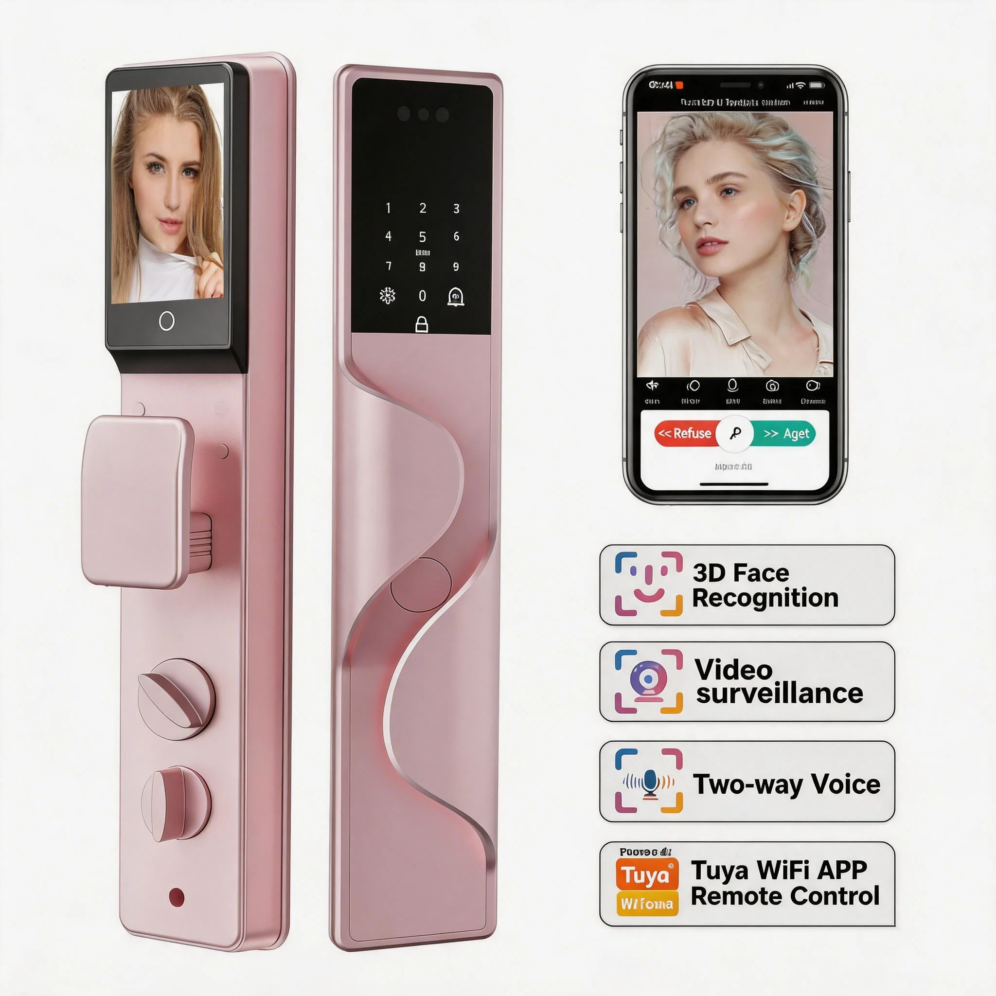 Tuya App WiFi Controlled Smart Door Lock 3D Face & Fingerprint Recognition Aluminum Alloy with Eye Scanner Camera for Wood Door
Tuya App WiFi Controlled Smart Door Lock 3D Face & Fingerprint Recognition Aluminum Alloy with Eye Scanner Camera for Wood Door