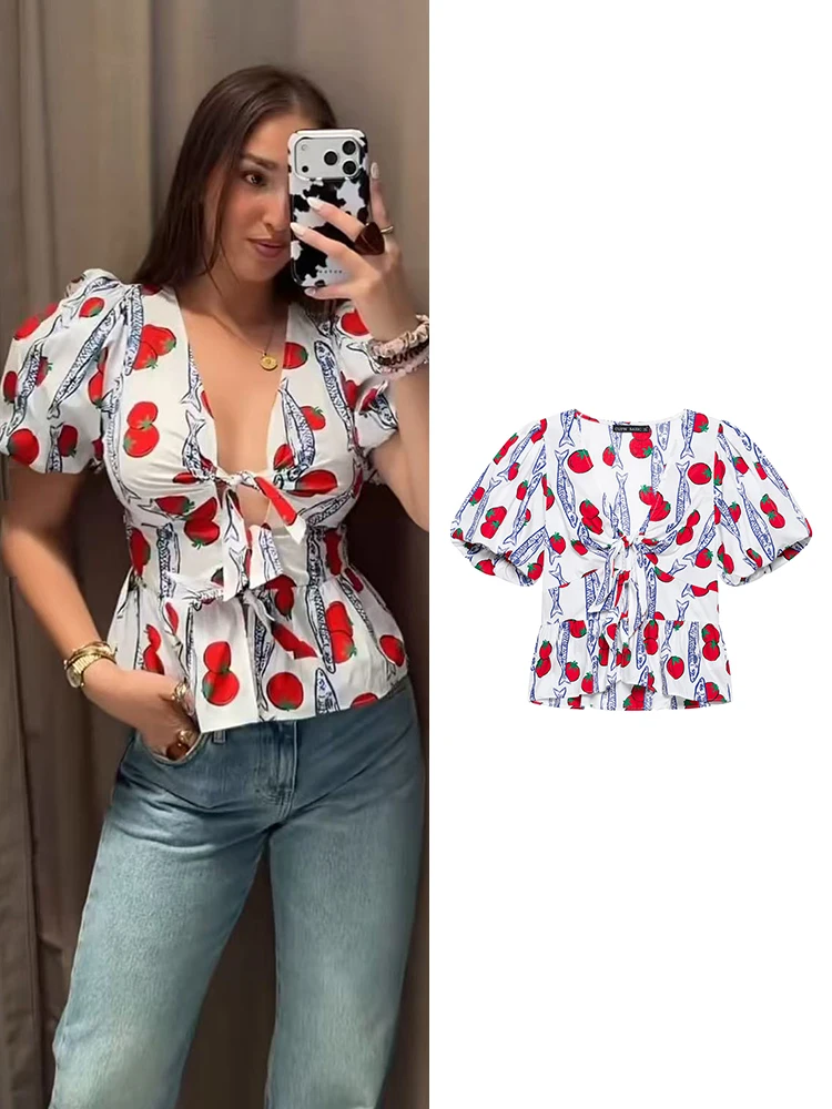 TFMLN Women V Neck Short Puff Sleeve Shirt Sweet Print Bow Lace Up Causal Tops 2026 New Fashion Ladies Streetwear Blouse
TFMLN Women V Neck Short Puff Sleeve Shirt Sweet Print Bow Lace Up Causal Tops 2026 New Fashion Ladies Streetwear Blouse