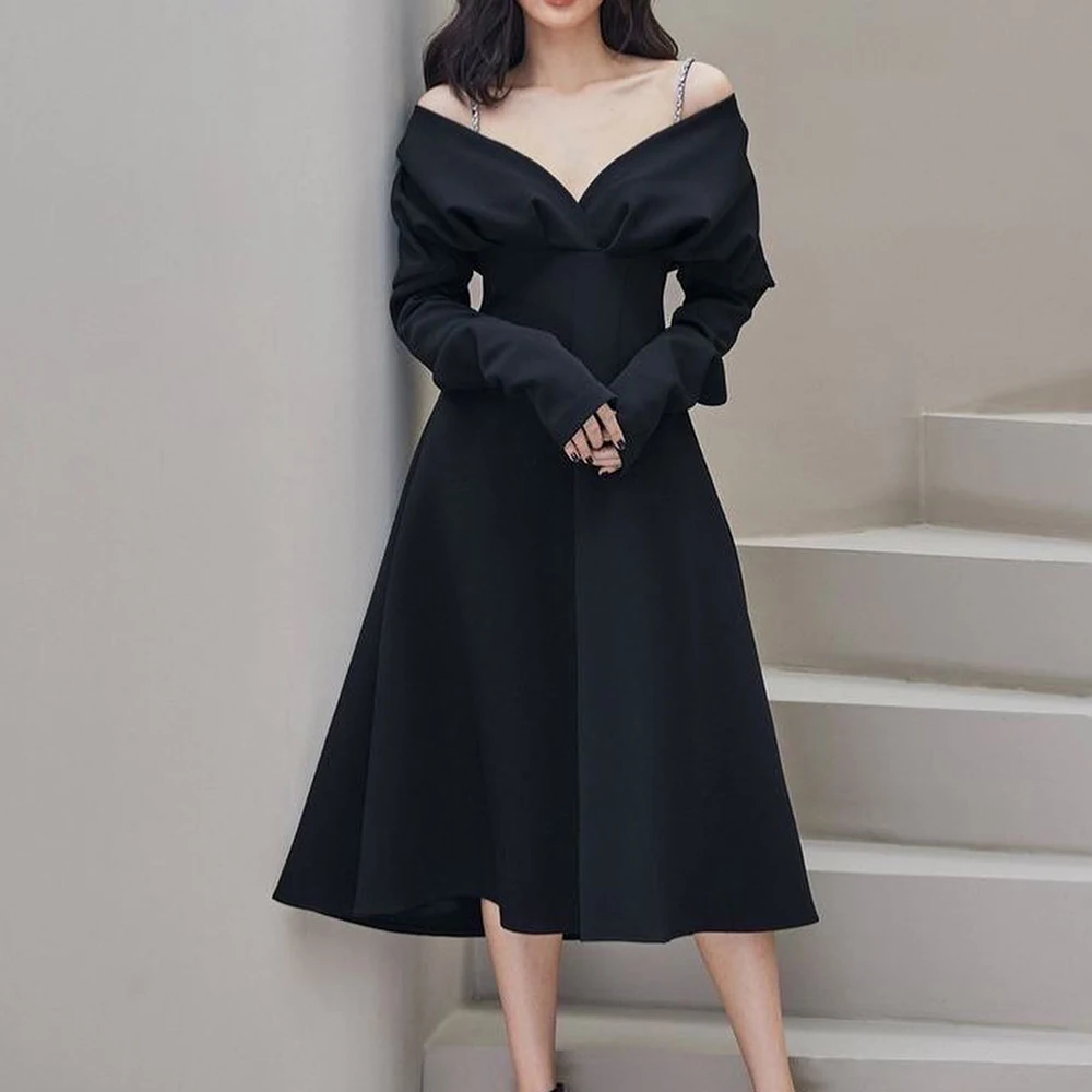 V Neck Off the Shoulder Long Sleeves Jersey A-Line Tea Length Backless Crystal Straps Solid Color Evening Dress Custom Size 2024
V Neck Off the Shoulder Long Sleeves Jersey A-Line Tea Length Backless Crystal Straps Solid Color Evening Dress Custom Size 2024