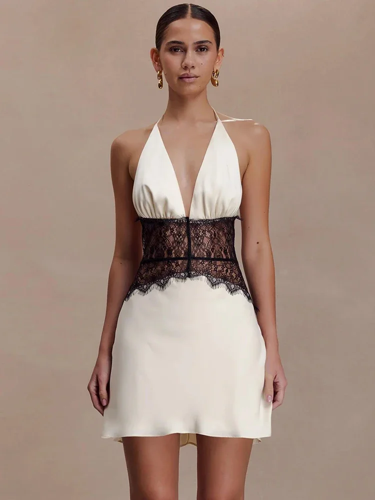 Lace Patchwork Sexy Mini Dress Women Gown Elegant Halter V Neck Sleeveless Backless High Waist Club Party Dresses
Lace Patchwork Sexy Mini Dress Women Gown Elegant Halter V Neck Sleeveless Backless High Waist Club Party Dresses