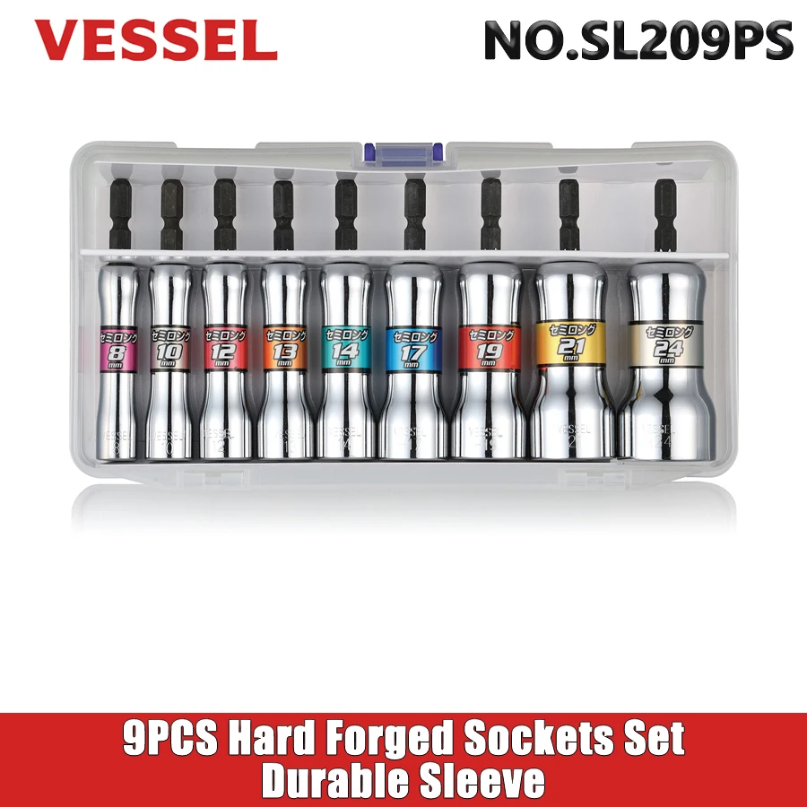 VESSEL 9PCS Durable Sleeve Set Semi-Long Hex Bit Ratchet Wrench Socket Adapter Hard Forged Sockets Set Nut Removal Tools SL209PS
VESSEL 9PCS Durable Sleeve Set Semi-Long Hex Bit Ratchet Wrench Socket Adapter Hard Forged Sockets Set Nut Removal Tools SL209PS