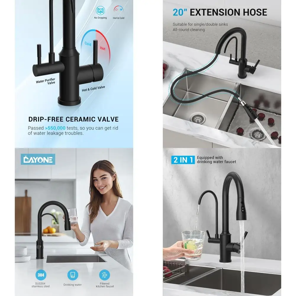 Высокий кухонный смеситель с 3 режимами струи, выдвижной лейкой, из нержавеющей стали, с матовым черным покрытием и изливом для питьевой воды
Высокий кухонный смеситель с 3 режимами струи, выдвижной лейкой, из нержавеющей стали, с матовым черным покрытием и изливом для питьевой воды