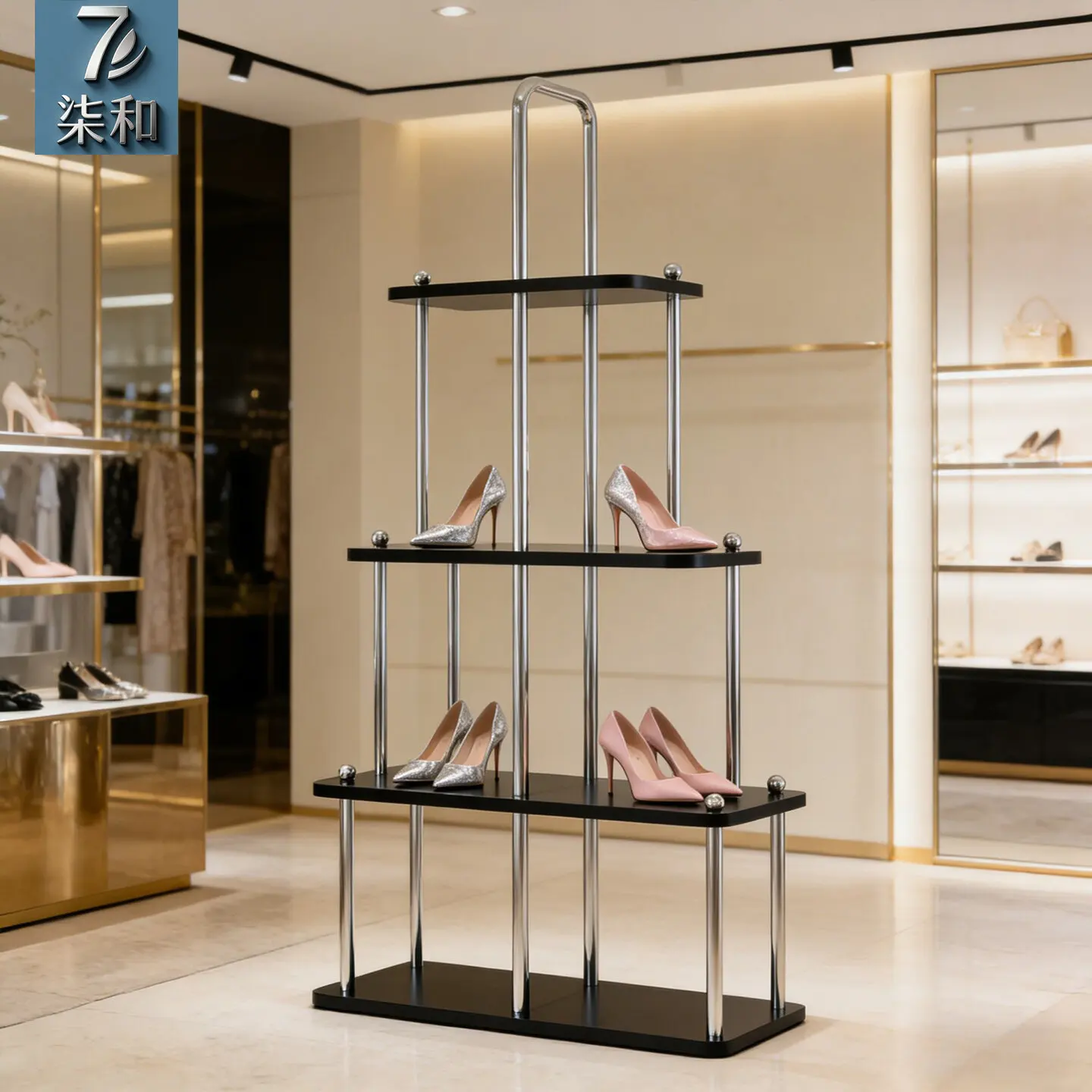 Shoe store rack stainless steel cabinet clothing store bag display floor-to-ceiling display
Shoe store rack stainless steel cabinet clothing store bag display floor-to-ceiling display