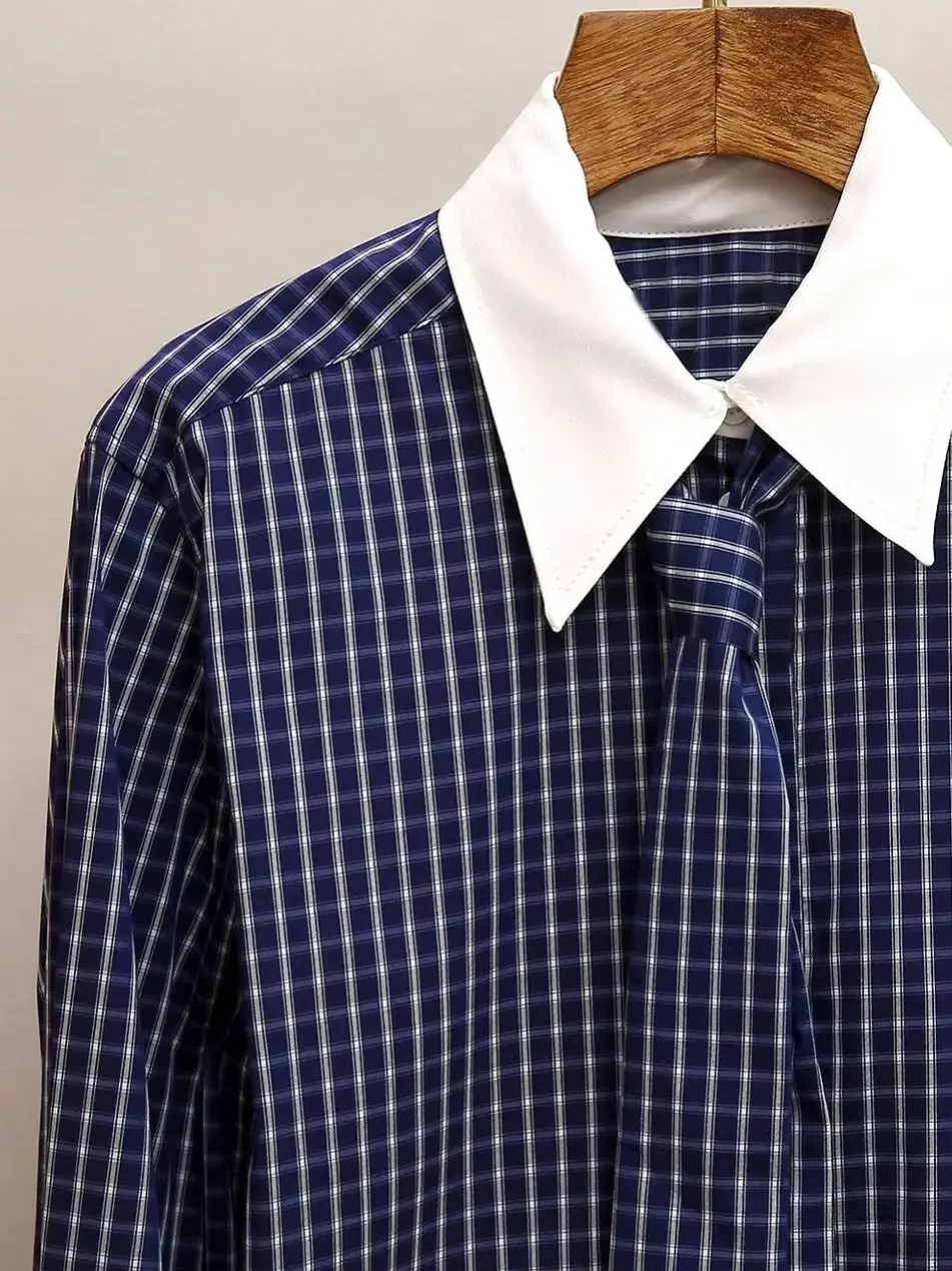 Spring/Fall Women Turn-down Collar Long Sleeve Contrast Spliced Tie Checkered Shirt Single Breasted Loose Fashion Office Blouse
Spring/Fall Women Turn-down Collar Long Sleeve Contrast Spliced Tie Checkered Shirt Single Breasted Loose Fashion Office Blouse
