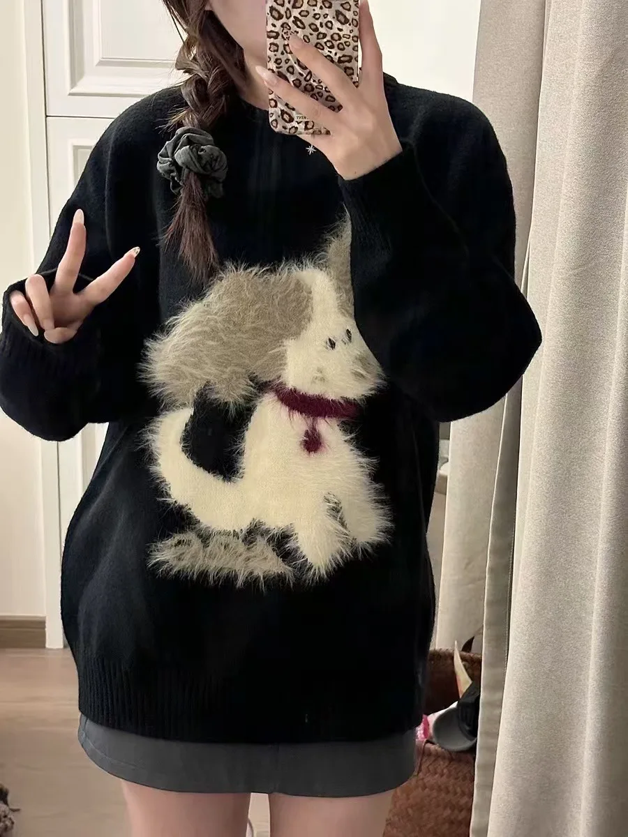 Свитер с круглым вырезом с милым мультяшным узором для женщин, повседневный пуловер, универсальный трикотаж, осенне-зимние свободные пригородные топы 
Свитер с круглым вырезом с милым мультяшным узором для женщин, повседневный пуловер, универсальный трикотаж, осенне-зимние свободные пригородные топы