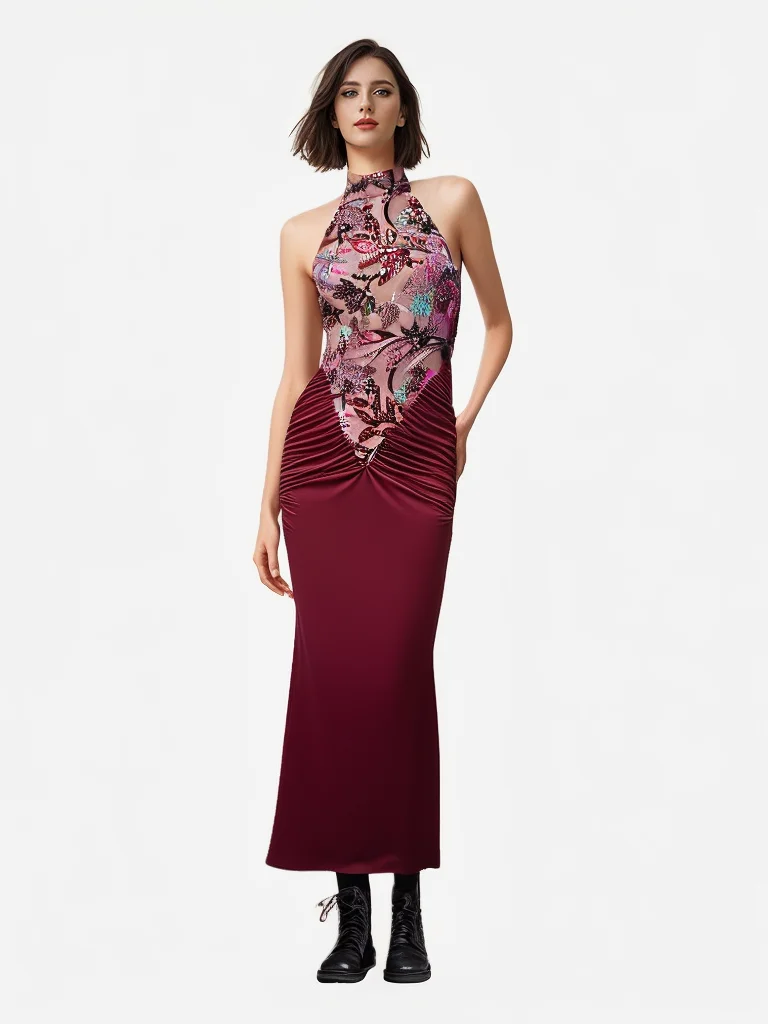 Women Luxury Burgundy Party Dress Sexy Halter Backless Sequinies Embroidery Ankle Length Long Celebrity Evening Birthday Gowns
Women Luxury Burgundy Party Dress Sexy Halter Backless Sequinies Embroidery Ankle Length Long Celebrity Evening Birthday Gowns