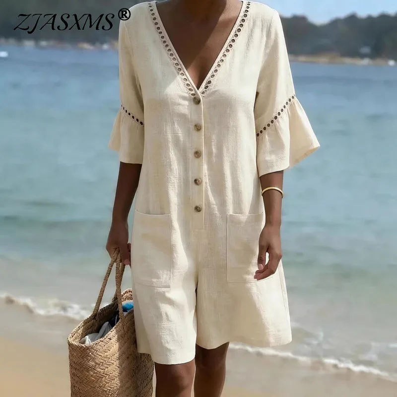 Spring Casual Solid Cotton Linen Short Jumpsuit Sexy V Neck Pocket Wide Leg Romper Summer Ruffle Sleeve Cutout Vacation Overalls
Spring Casual Solid Cotton Linen Short Jumpsuit Sexy V Neck Pocket Wide Leg Romper Summer Ruffle Sleeve Cutout Vacation Overalls