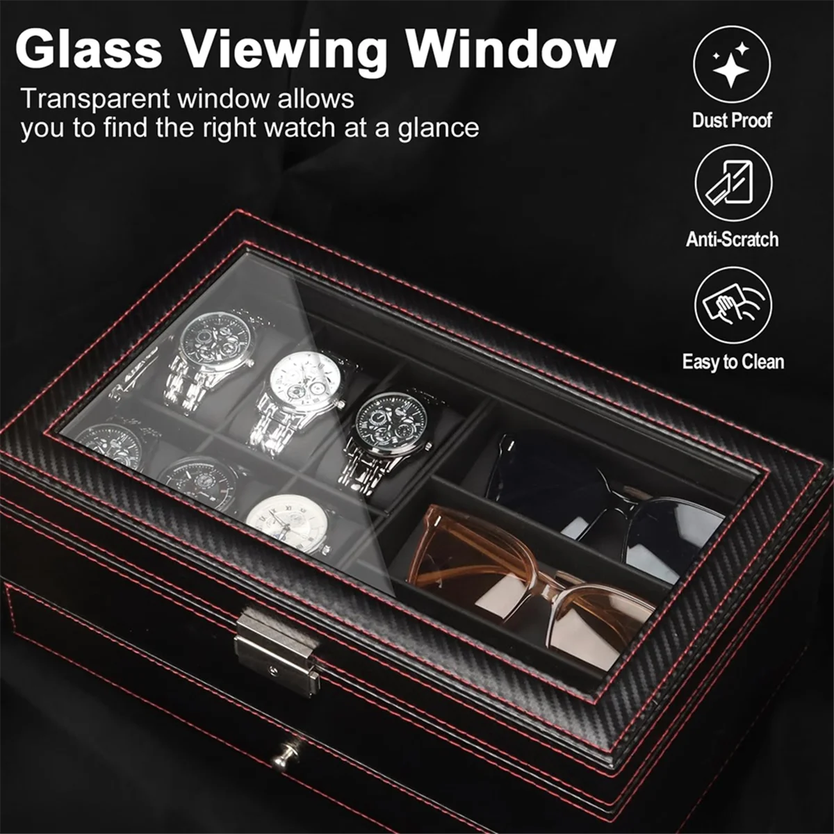Watch Box, Mens Jewelry Box with 6 Slot Watch Case & 3 Slot Sunglasses Organizer, 2 Layers Lockable Watch Holder
Watch Box, Mens Jewelry Box with 6 Slot Watch Case & 3 Slot Sunglasses Organizer, 2 Layers Lockable Watch Holder