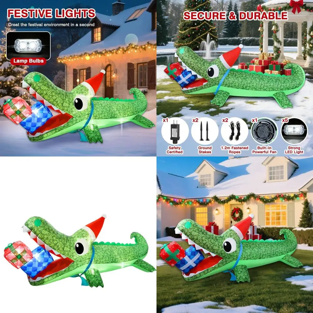 Christmas Outdoor Crocodile Inflatable with LED Lights, Hat & Gift Box for Lawn & Garden
Christmas Outdoor Crocodile Inflatable with LED Lights, Hat & Gift Box for Lawn & Garden