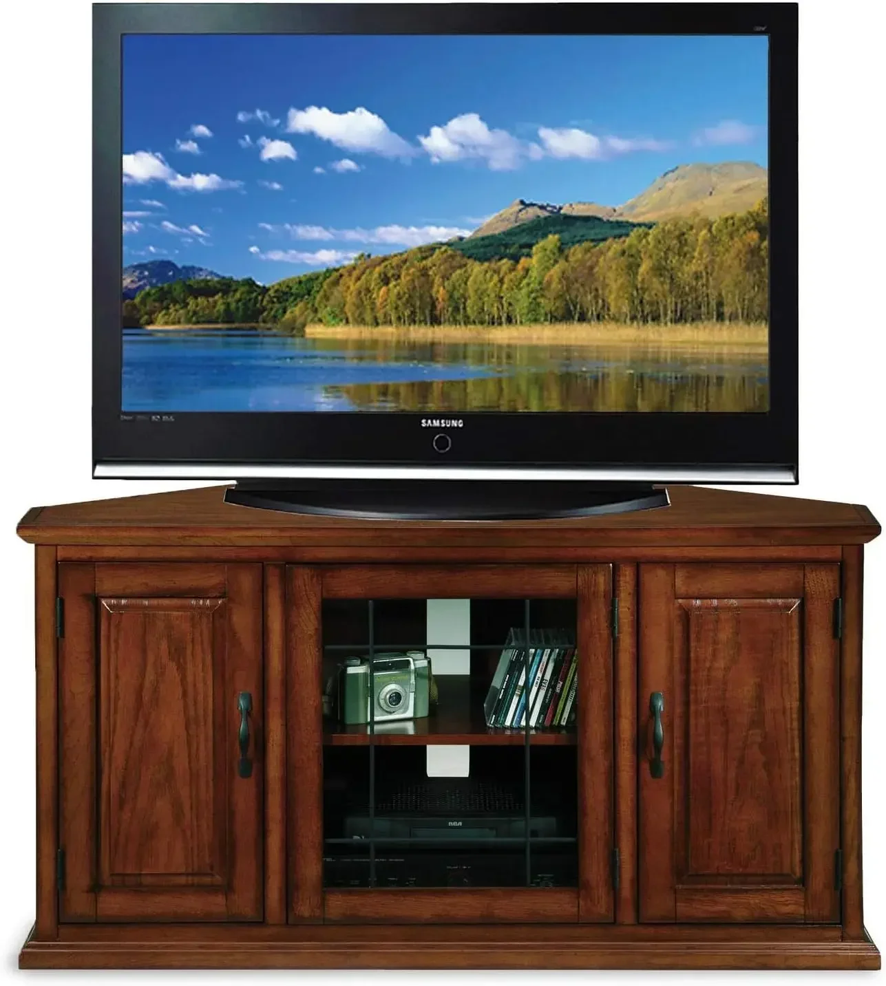 Leaded Glass Three Door Corner TV Stand with Enclosed Storage For 50" TV's, Burnished Oak
Leaded Glass Three Door Corner TV Stand with Enclosed Storage For 50" TV's, Burnished Oak