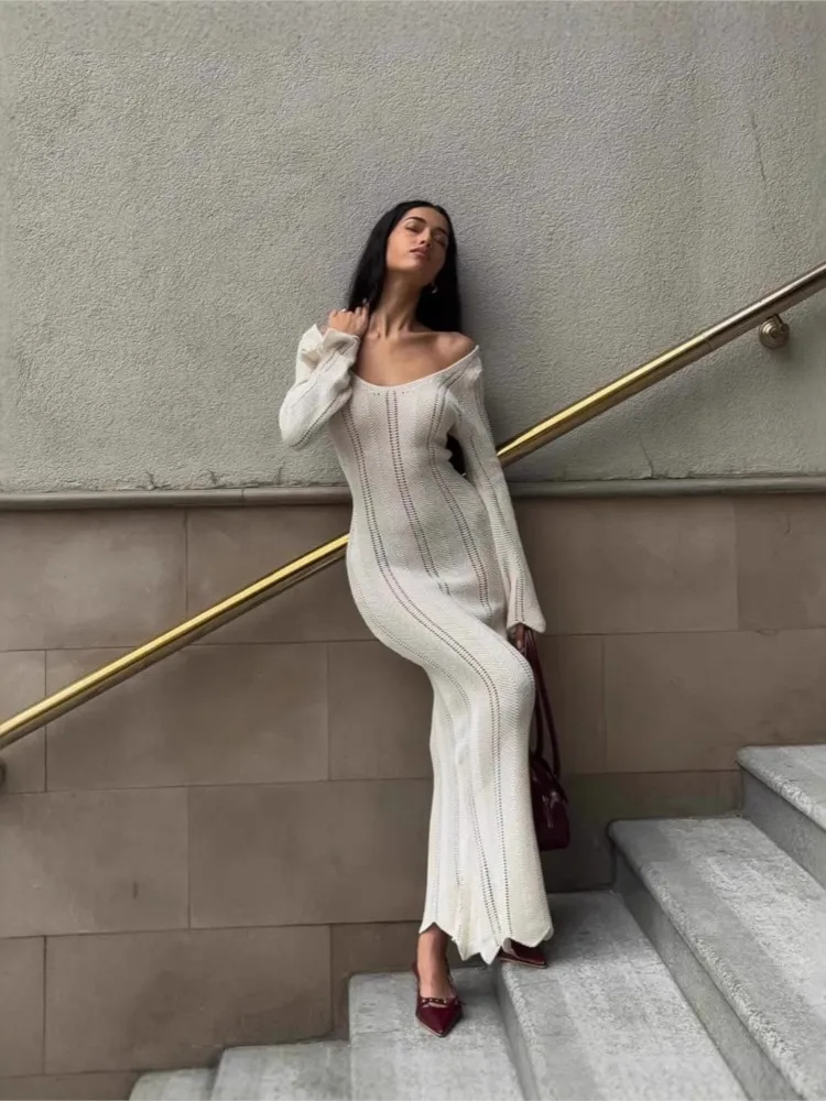 Bodycon Dress Long Sleeves Vestidos Hollow Out Dresses 2025 Woman Vestido Femininos Knitted Flared Sleeves Wrap Hip French Sexy 
Bodycon Dress Long Sleeves Vestidos Hollow Out Dresses 2025 Woman Vestido Femininos Knitted Flared Sleeves Wrap Hip French Sexy