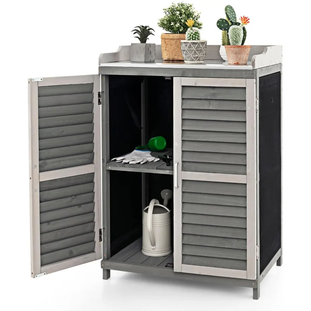 Outdoor Potting Bench Table, Garden Storage Cabinet w/Metal Tabletop, Roll-up Side Door, Solid Wood Potting Workstation for Gar
Outdoor Potting Bench Table, Garden Storage Cabinet w/Metal Tabletop, Roll-up Side Door, Solid Wood Potting Workstation for Gar