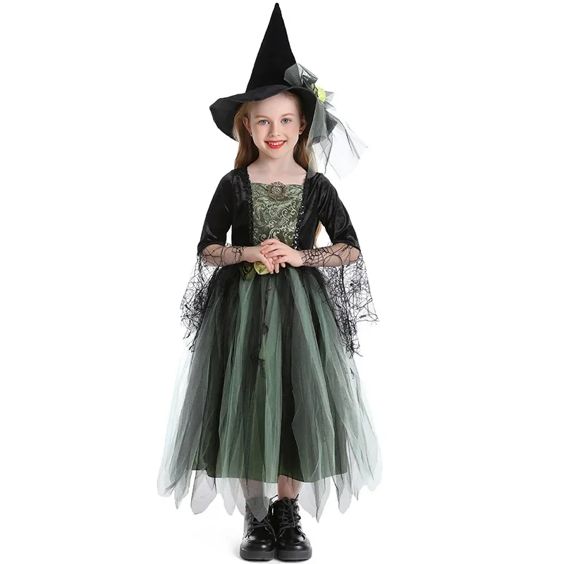 Children's Halloween Costume Green Gauze Witch Dress With Hat Camellia Cobweb Witch Holiday Dress Stage Cosplay Wear
Children's Halloween Costume Green Gauze Witch Dress With Hat Camellia Cobweb Witch Holiday Dress Stage Cosplay Wear