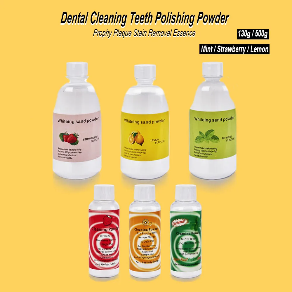 130g/500g Dental Polishing Sand Powder Air Jet Flow 3 Flavors Teeth Whitening Plaque Stain Removal Dentistry Cleaning Essence
130g/500g Dental Polishing Sand Powder Air Jet Flow 3 Flavors Teeth Whitening Plaque Stain Removal Dentistry Cleaning Essence