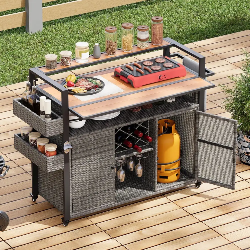 52.8 W Wicker Outdoor Grill Cart with Extended Plastic Wood Table Top, Rolling Kitchen Island on Wheels with Storage Cabinet, f
52.8 W Wicker Outdoor Grill Cart with Extended Plastic Wood Table Top, Rolling Kitchen Island on Wheels with Storage Cabinet, f