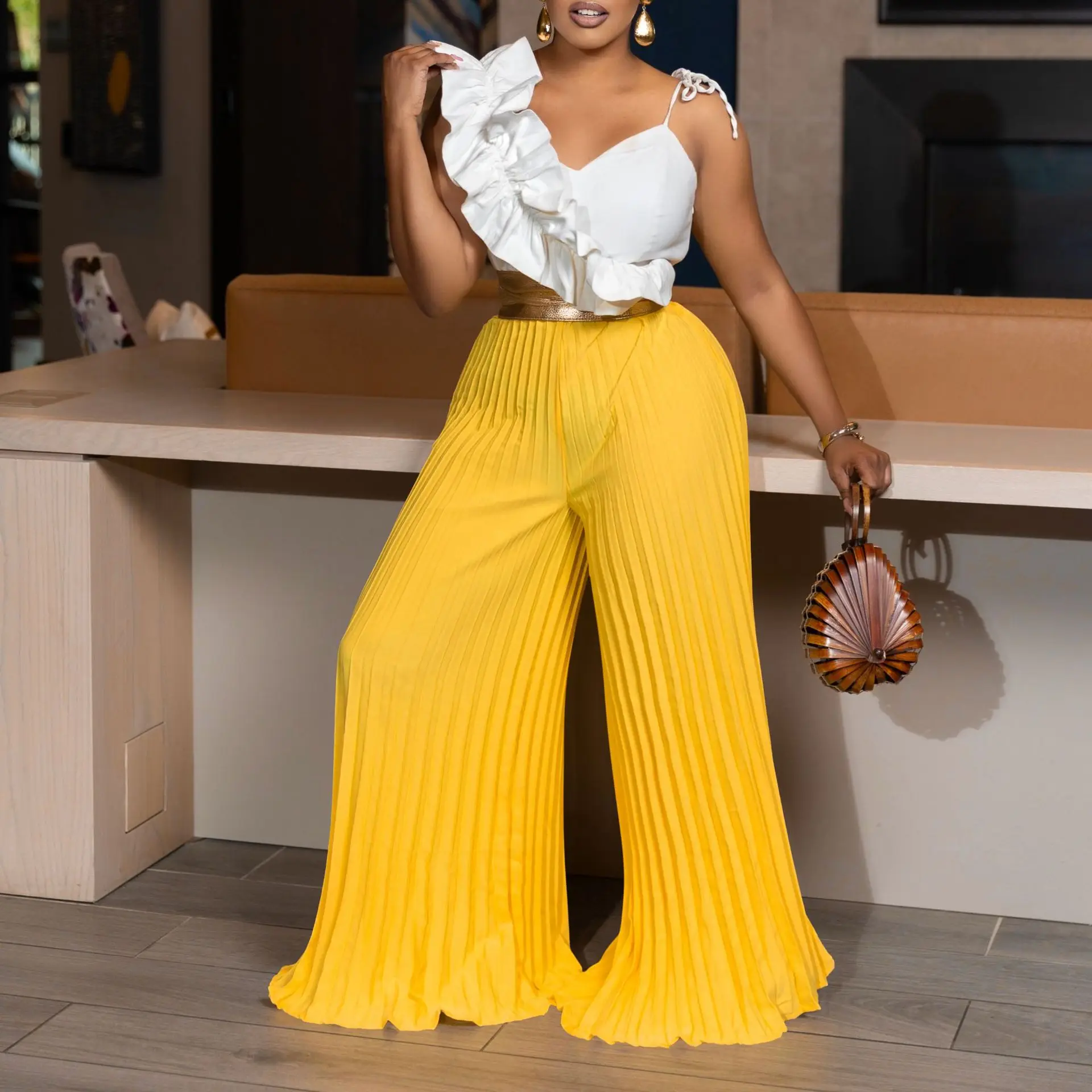 C8605 Women's Sexy Ruffle Sleeveless Top Wide-leg Pants Fashion Set Summer Maxi Dress Elegant Beach Clothing Vestidos
C8605 Women's Sexy Ruffle Sleeveless Top Wide-leg Pants Fashion Set Summer Maxi Dress Elegant Beach Clothing Vestidos