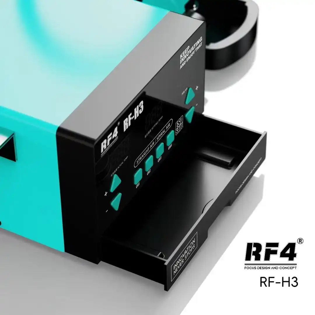 RF-H3 SMD Rework Station 50L/M Airflow 1-120 Res 100-896°F LCD Display Brushless Turbo Fan 5 Tips 4 Memories
RF-H3 SMD Rework Station 50L/M Airflow 1-120 Res 100-896°F LCD Display Brushless Turbo Fan 5 Tips 4 Memories