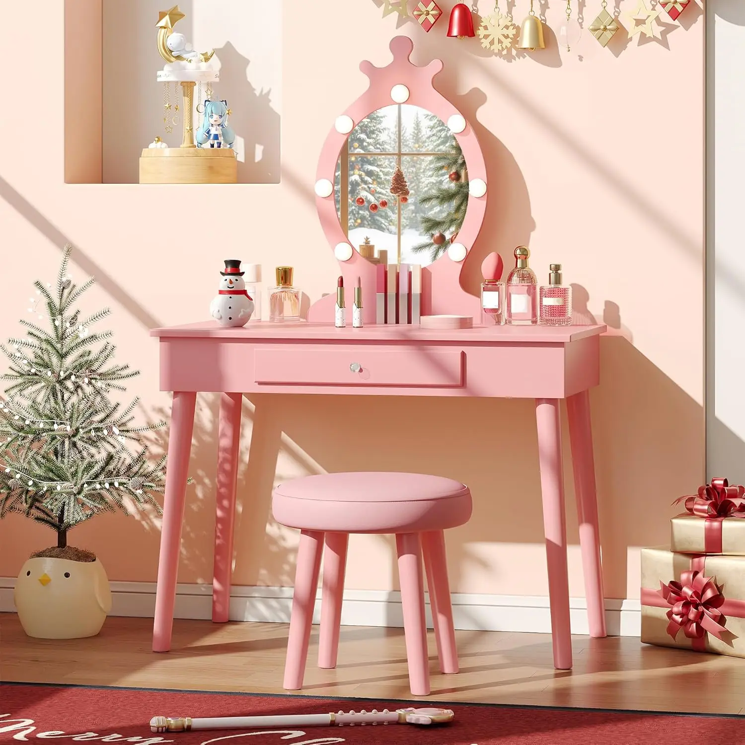 Kids Vanity with Lights, Mirror & Stool, Wooden Dressing Table with Drawer for Girls, Pink
Kids Vanity with Lights, Mirror & Stool, Wooden Dressing Table with Drawer for Girls, Pink