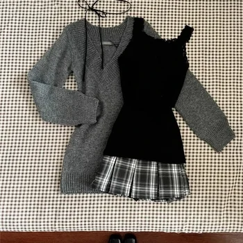 Gyaru 코케트 V넥 프렌치 빈티지 스웨터, 긴팔 풀오버, 2000 년대 미학적, 오래된 돈, 두꺼운 니트웨어, 가을, 겨울