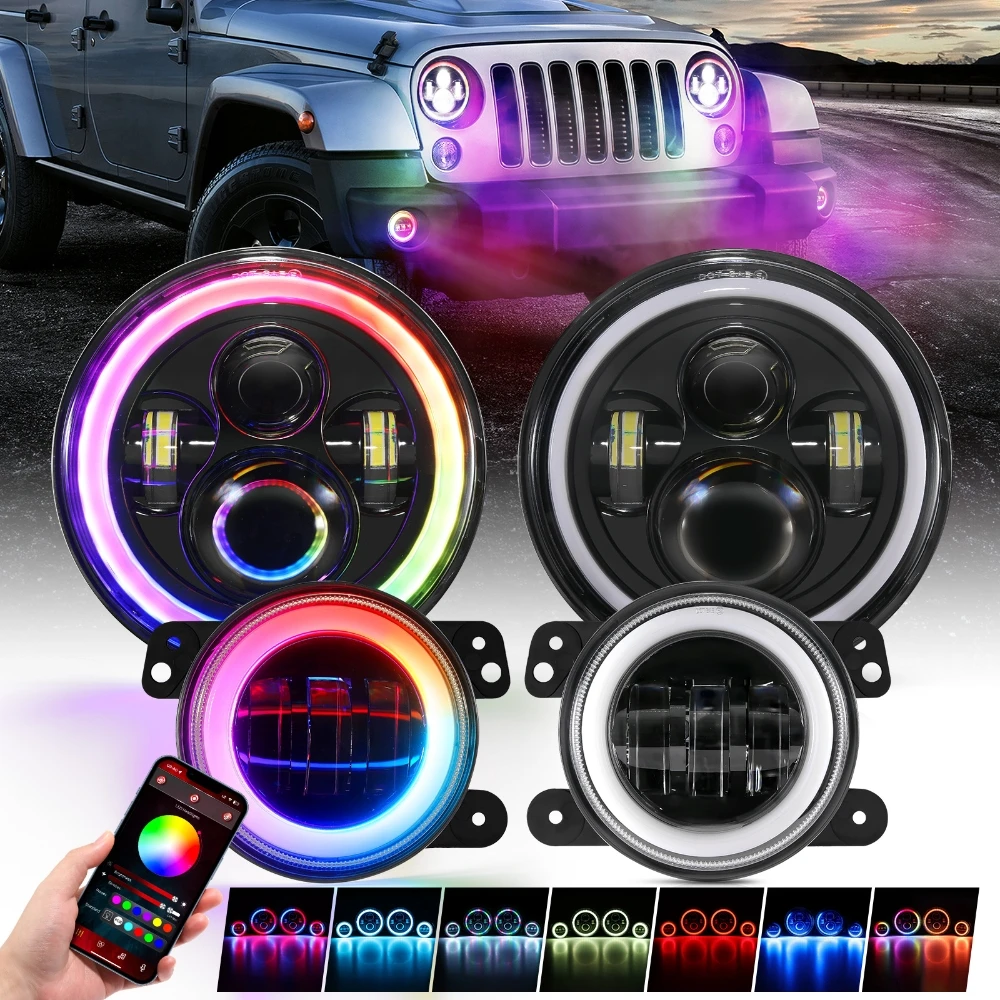 Для Jeep Wrangler JK 4/2 двери 2007-2017 RGB светодиодные 7-дюймовые фары + 4-дюймовые противотуманные фары, указатель поворота, Bluetooth, управление через приложение
Для Jeep Wrangler JK 4/2 двери 2007-2017 RGB светодиодные 7-дюймовые фары + 4-дюймовые противотуманные фары, указатель поворота, Bluetooth, управление через приложение