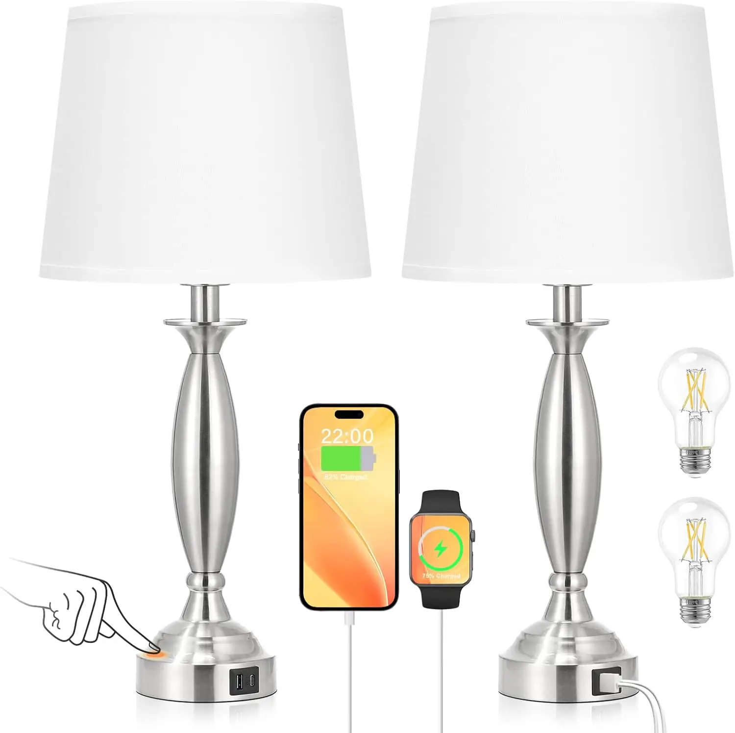 Set of 2 White Touch Control Bedside Lamps with USB C+A Ports, Dimmable Nightstand Table Lamp for Bedroom Living Room
Set of 2 White Touch Control Bedside Lamps with USB C+A Ports, Dimmable Nightstand Table Lamp for Bedroom Living Room