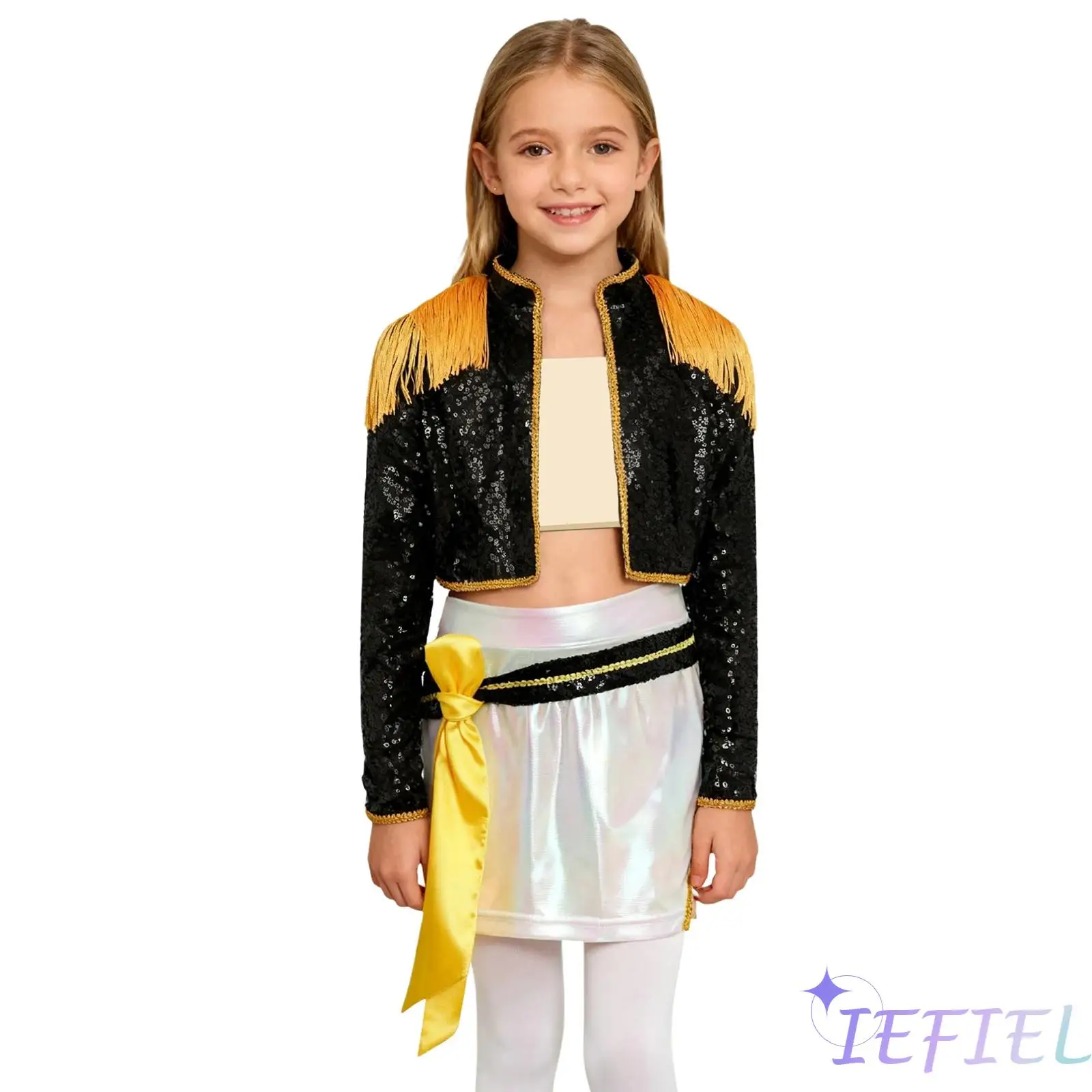 Halloween Kids Girl Demon Singer Outfit Sparkly Sequins Long Sleeve Tassel Outwear And Skirt with Built-In Shorts And Ribbon Set
Halloween Kids Girl Demon Singer Outfit Sparkly Sequins Long Sleeve Tassel Outwear And Skirt with Built-In Shorts And Ribbon Set