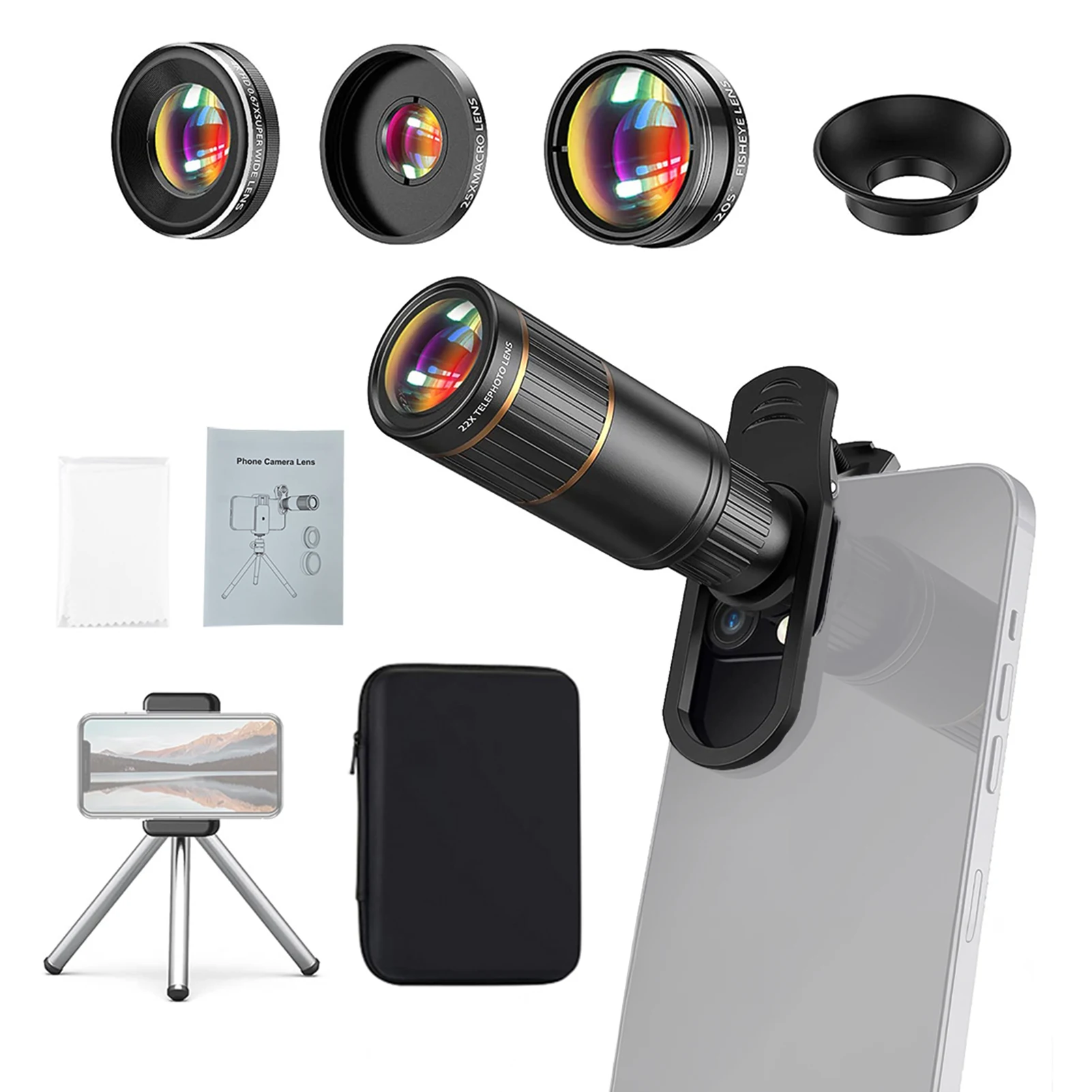Protable 4-in-1 Phone Lens Kit External Phone Camera Lens Set with 22X Telephoto Lens 205° Fisheye Lens 4K 0.67X Wide Angle Lens
Protable 4-in-1 Phone Lens Kit External Phone Camera Lens Set with 22X Telephoto Lens 205° Fisheye Lens 4K 0.67X Wide Angle Lens
