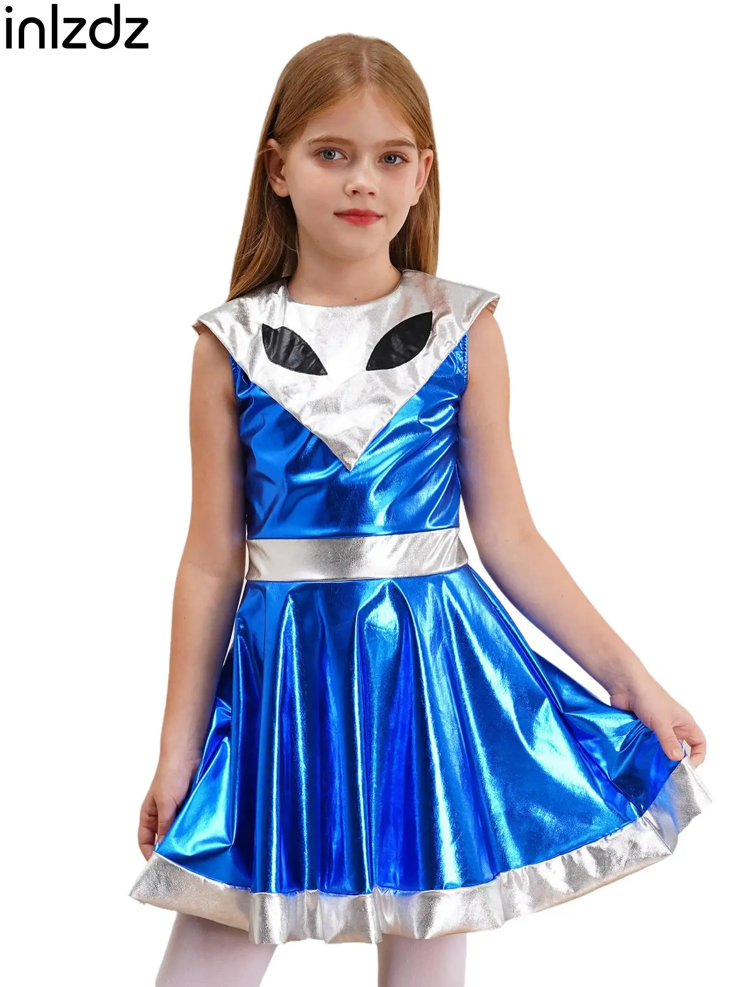 Kids Girl Halloween Alien Cosplay Costume Sleeveless Patchwork Shimmering PU Dress Metallic A-line Dress
Kids Girl Halloween Alien Cosplay Costume Sleeveless Patchwork Shimmering PU Dress Metallic A-line Dress