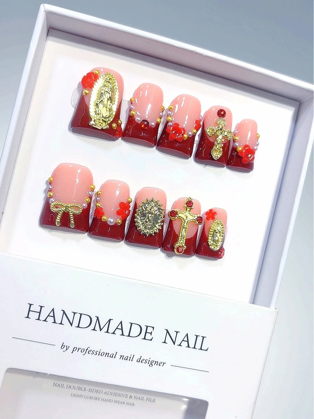 Burgundy French Tip Squoval Press-On Nails, 3D Gold Religious Charms & Pearl Embellished False Nails Set (L298)
Burgundy French Tip Squoval Press-On Nails, 3D Gold Religious Charms & Pearl Embellished False Nails Set (L298)