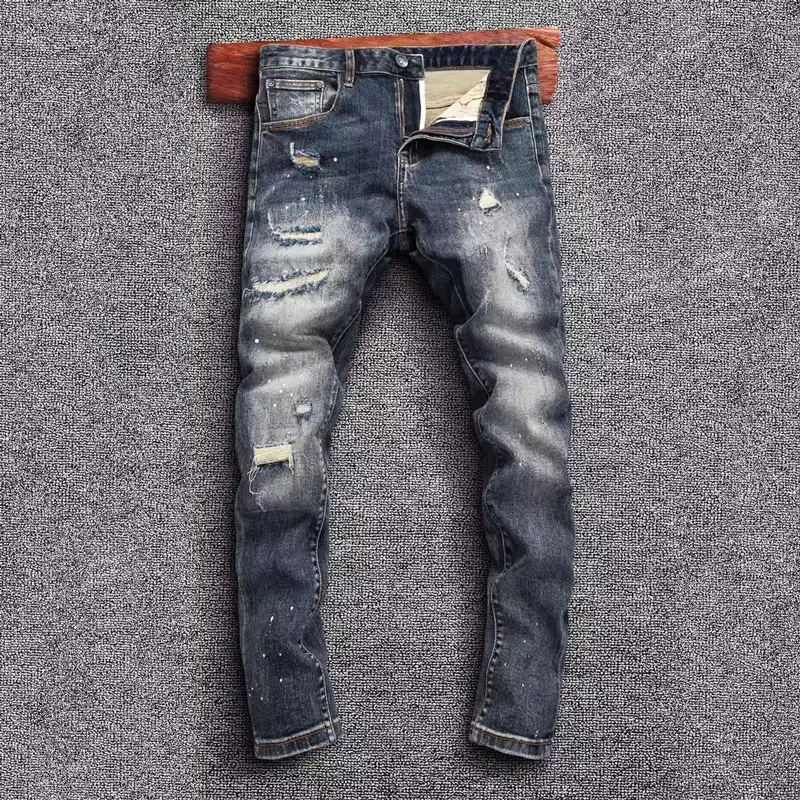 High Street Fashion Men Jeans Retro Blue Stretch Skinny Fit Ripped Jeans Men Hole Patched Designer Vintage Denim Pencil Pants
High Street Fashion Men Jeans Retro Blue Stretch Skinny Fit Ripped Jeans Men Hole Patched Designer Vintage Denim Pencil Pants