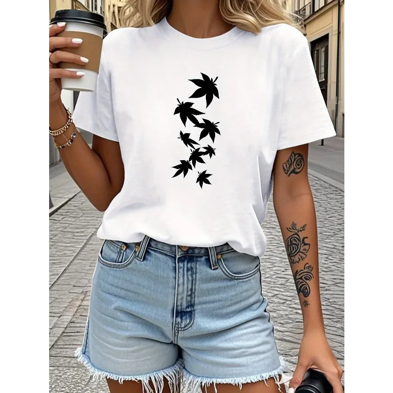 Женская футболка с круглым вырезом, белая с коротким рукавом, черный повседневный топ с принтом кленового листа, удобная модная футболка в стиле Харадзюку на все сезоны
Женская футболка с круглым вырезом, белая с коротким рукавом, черный повседневный топ с принтом кленового листа, удобная модная футболка в стиле Харадзюку на все сезоны