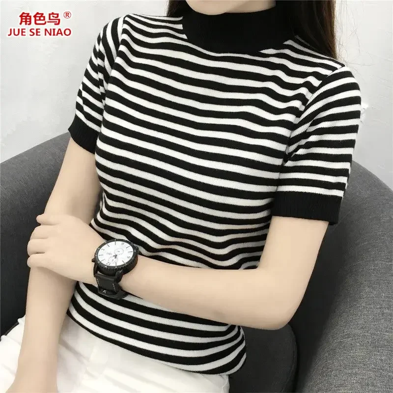 Striped Short Sleeve Women's Breathable Summer T-shirt Women's Short Knitted round Neck Top Woman Tshirts Tops Mujer Camisetas
Striped Short Sleeve Women's Breathable Summer T-shirt Women's Short Knitted round Neck Top Woman Tshirts Tops Mujer Camisetas