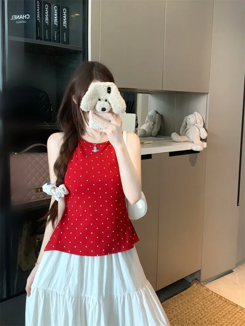 Red Polka Dot round Neck Backless Tie Waist Vest Women's Summer Slimming Versatile Chic Short Top Female Fashion Summer
Red Polka Dot round Neck Backless Tie Waist Vest Women's Summer Slimming Versatile Chic Short Top Female Fashion Summer