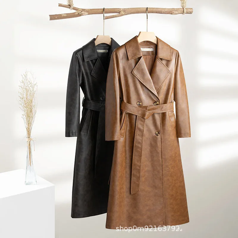 Women's Long PU Leather Jacket Spring Autumn Sashes Lapel Windbreaker American High Street Fashion Double Breasted Coat
Women's Long PU Leather Jacket Spring Autumn Sashes Lapel Windbreaker American High Street Fashion Double Breasted Coat