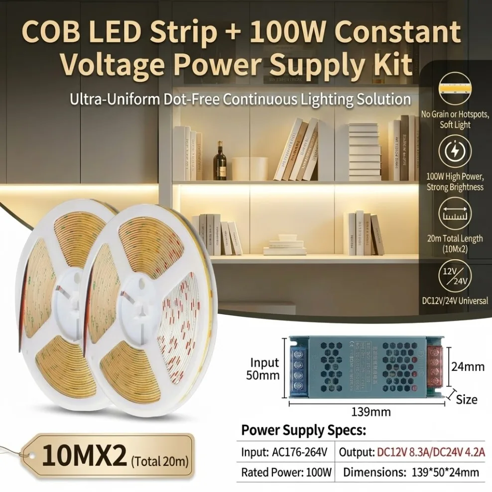DC12V/24V High Density Ultra Thin COB LED Strip Light 5M 10M 20M Flexible Tape Light 3000K 4000K 6000K With Power Transformer
DC12V/24V High Density Ultra Thin COB LED Strip Light 5M 10M 20M Flexible Tape Light 3000K 4000K 6000K With Power Transformer
