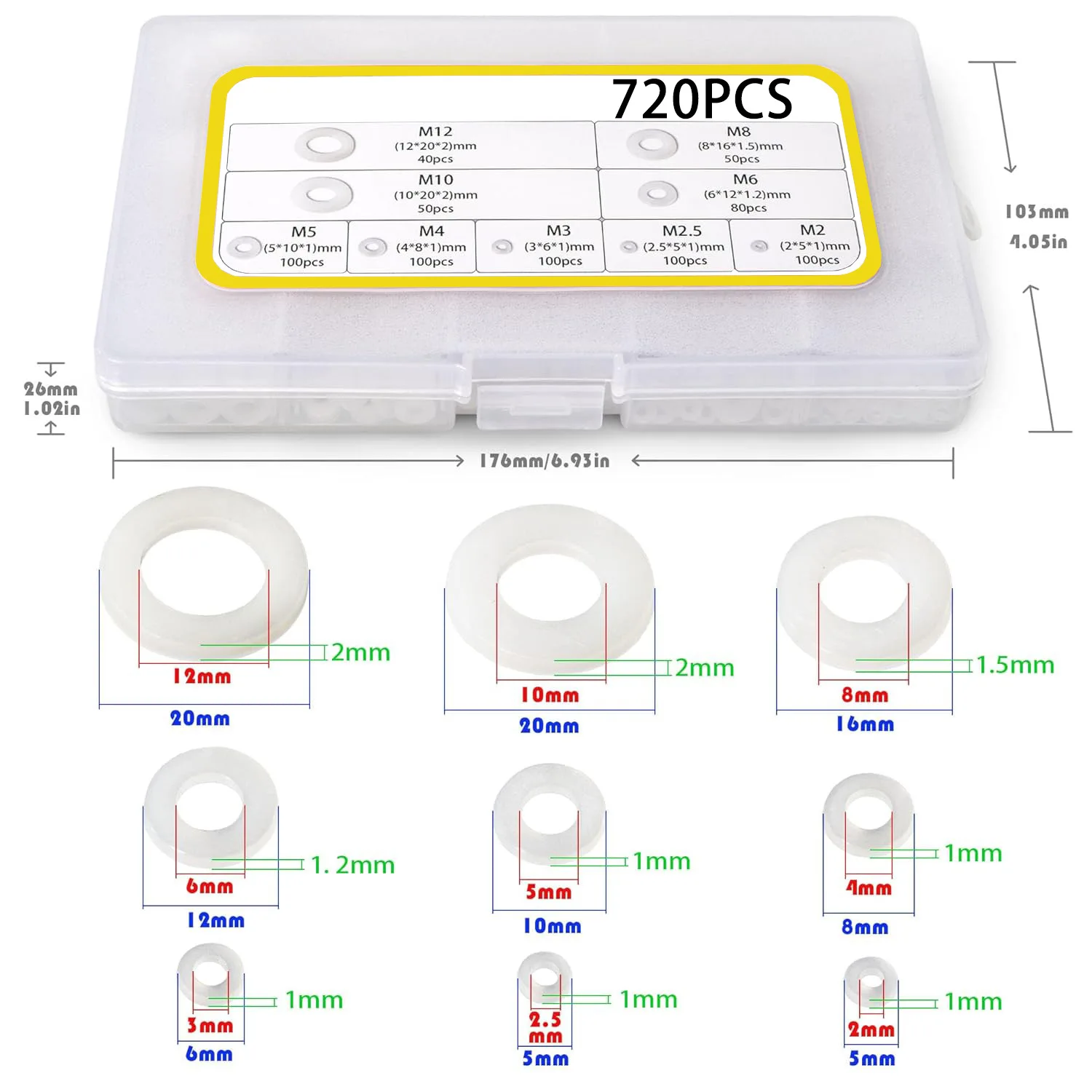 720pcs white Nylon Flat Washer Assortment Kit sealing Spacer Insulation Gasket Ring shims M2M2.5M3M4M5M6M8M10M12 for screws blot
720pcs white Nylon Flat Washer Assortment Kit sealing Spacer Insulation Gasket Ring shims M2M2.5M3M4M5M6M8M10M12 for screws blot