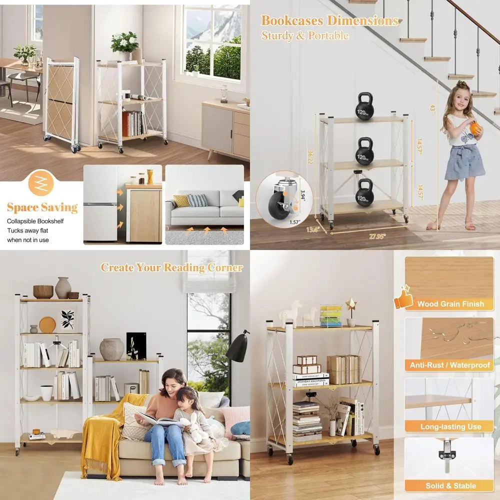 3-Tier Vintage Industrial Bookshelf - No Assembly Folding Storage Shelf with Woodgrain Finish | Collapsible Metal Bookcase for L
3-Tier Vintage Industrial Bookshelf - No Assembly Folding Storage Shelf with Woodgrain Finish | Collapsible Metal Bookcase for L