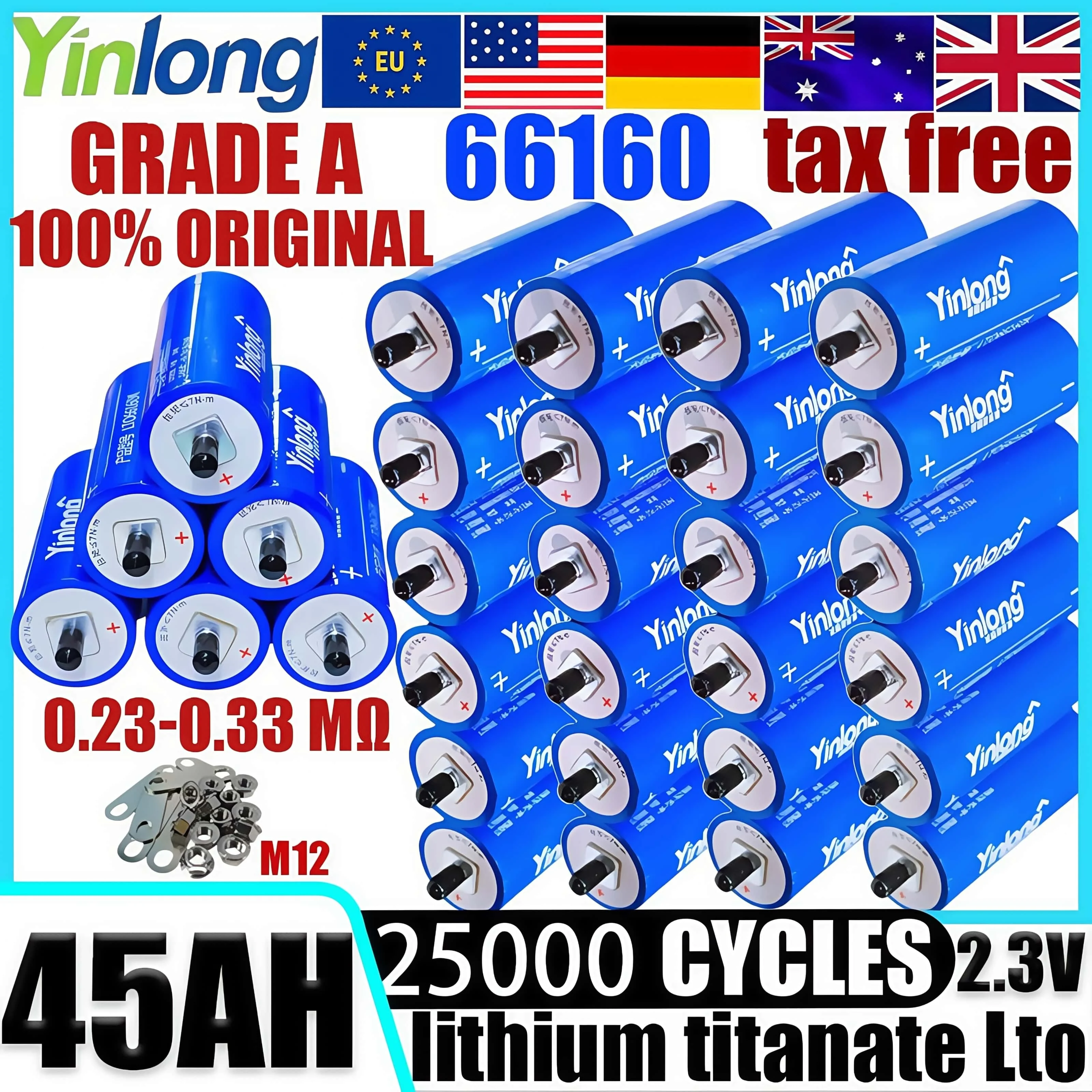 6-36pcs yinlong Original 2.3v 45ah 66160 lithium titanate battery 10c DIY 12V 24V 48V rv solar speaker car power charge battery
6-36pcs yinlong Original 2.3v 45ah 66160 lithium titanate battery 10c DIY 12V 24V 48V rv solar speaker car power charge battery
