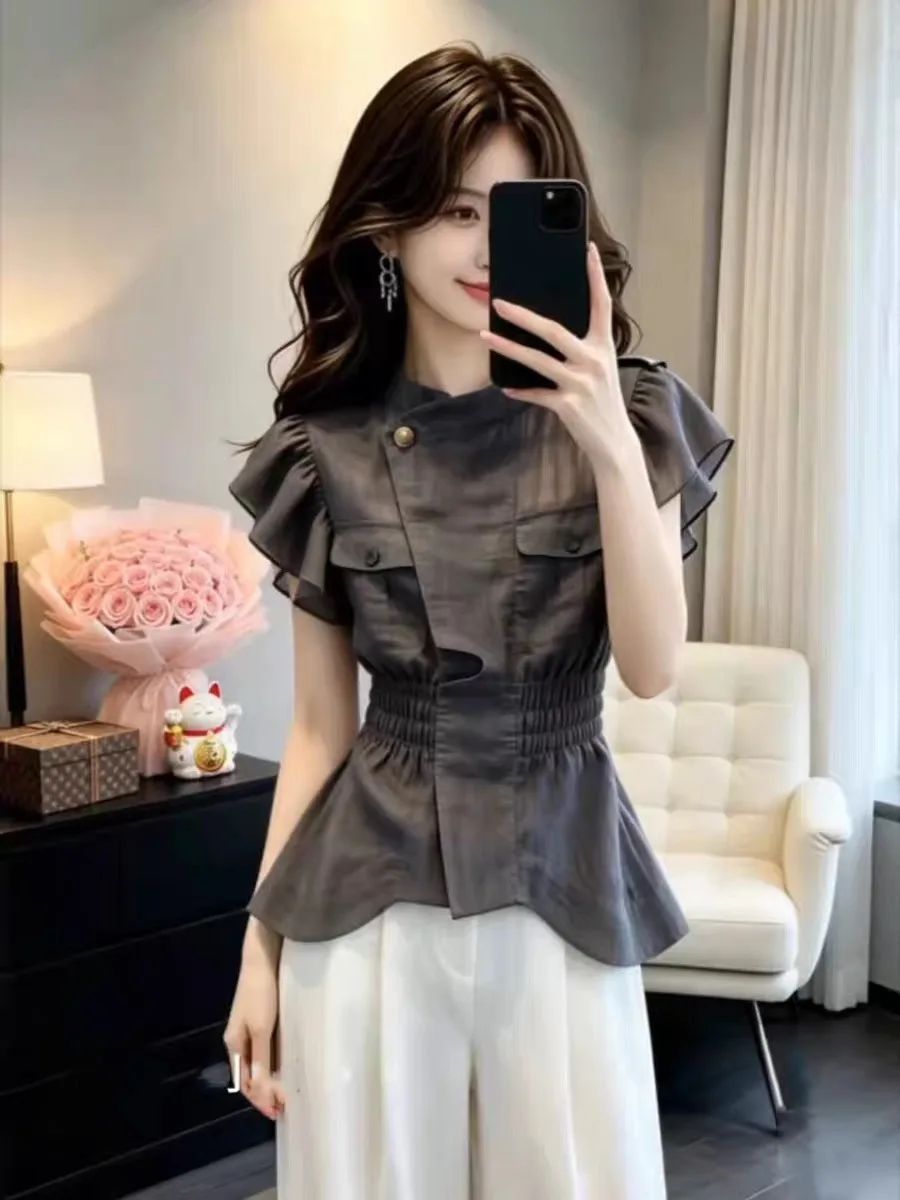 Elegant Deep Grey Shirt Women's Fashion Design Unique Attractive Waist-Cinched Top French Style Short Sleeve Regular Length
Elegant Deep Grey Shirt Women's Fashion Design Unique Attractive Waist-Cinched Top French Style Short Sleeve Regular Length