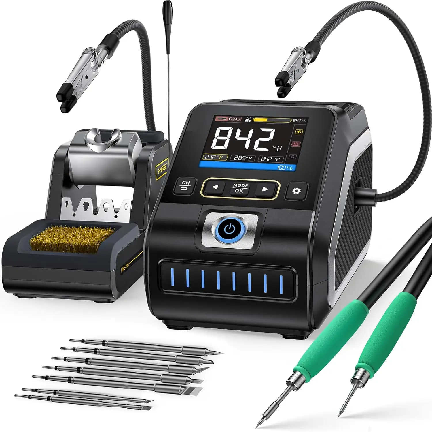 Precision Soldering Station with 200W Power, 3 F210 & 6 F245 Tips, 2 Helping Hands, Full-Color Display for Electronics Repair
Precision Soldering Station with 200W Power, 3 F210 & 6 F245 Tips, 2 Helping Hands, Full-Color Display for Electronics Repair