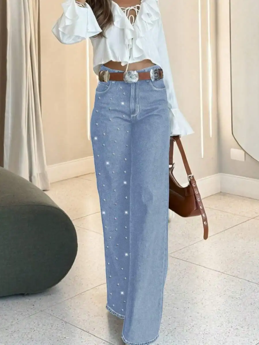 Y2K Style Womens Straight Leg Jeans With Rhinestones Decorated Denim Pants
Y2K Style Womens Straight Leg Jeans With Rhinestones Decorated Denim Pants