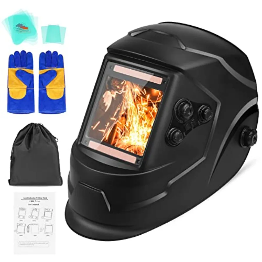Welding Helmet Auto Darkening Welder Mask 3.94" X 3.66" Large View True Color Solar Powered with Adjustable Shade Range 4/5-9/9
Welding Helmet Auto Darkening Welder Mask 3.94" X 3.66" Large View True Color Solar Powered with Adjustable Shade Range 4/5-9/9