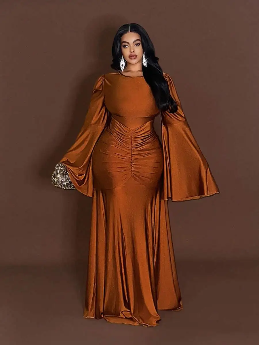 Elegant High-Stretch Pleated Maxi Dress With Flare Sleeve Orange Solid Formal Evening Party
Elegant High-Stretch Pleated Maxi Dress With Flare Sleeve Orange Solid Formal Evening Party
